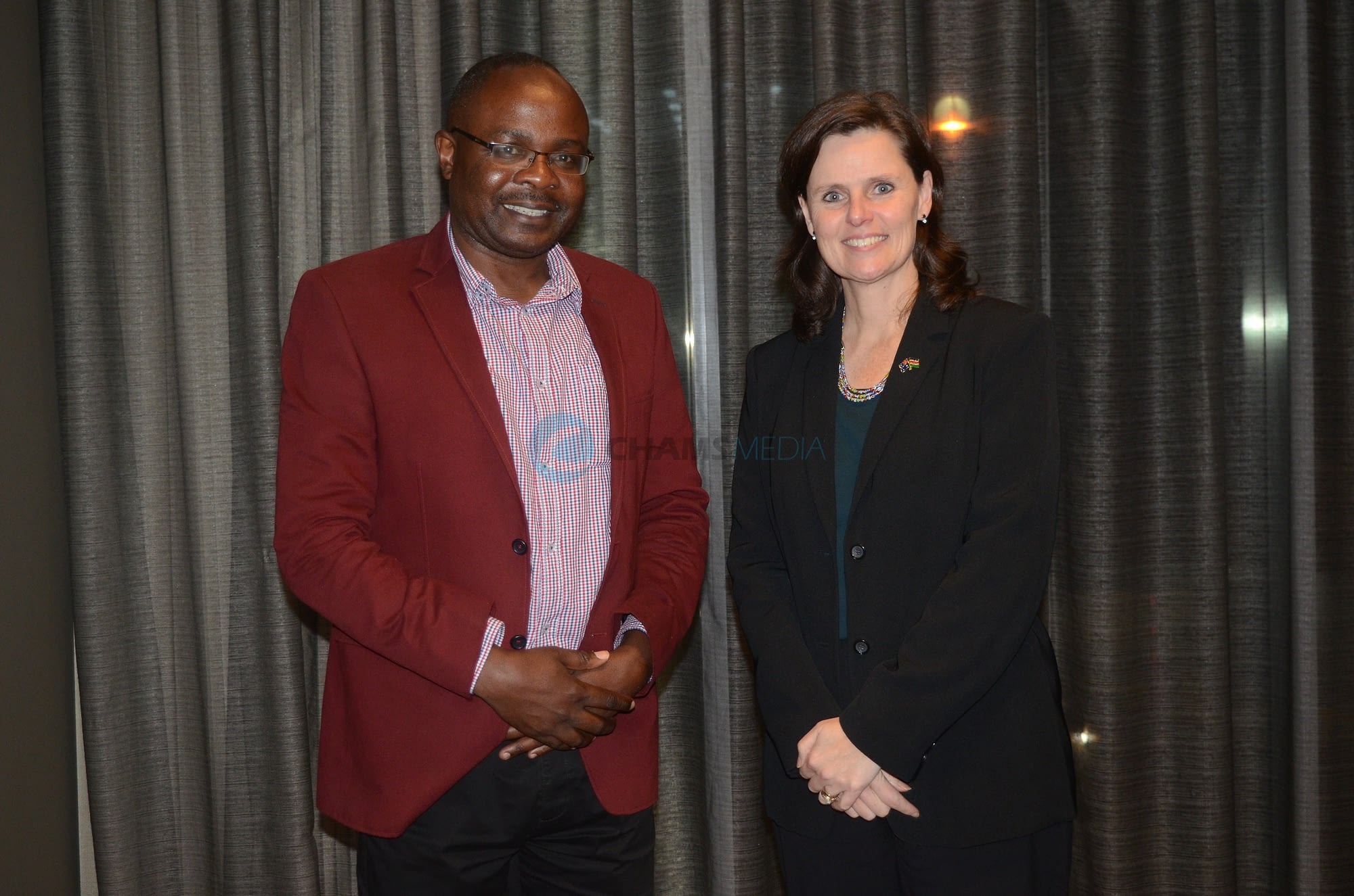 CHAMS Media CEO Alex Chamwada with Australia's High Commissioner to Kenya Alison Chartress in Perth City September 2019 during the Africa Oil, Gas and Energy Conference